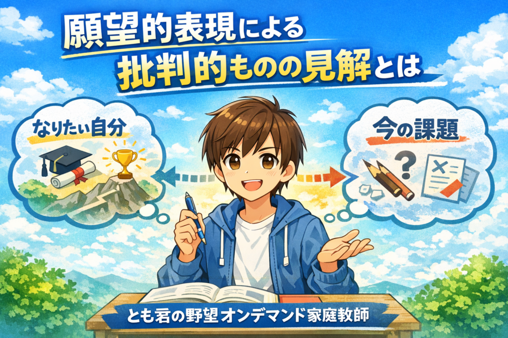 とも君の野望オンデマンド家庭教師の指導の精神「願望的表現による批判的ものの見解」を表した案内画像。なりたい自分と今の課題を見つめ、前向きに学びを進める考え方を示している。
